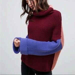 Free People Park City Colorblock Chunky Waffle Knit Oversized Sweater Size XS